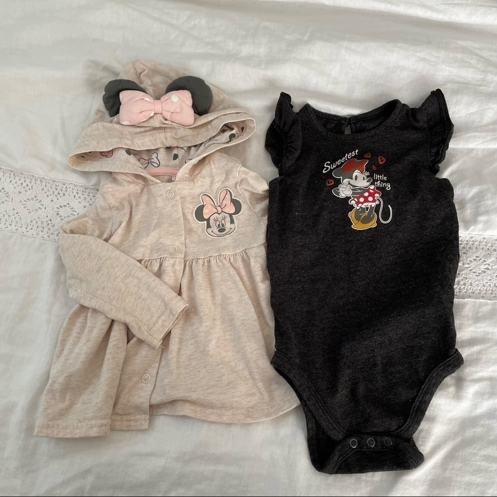 LOT of 2 Disney Baby 18m Onesie hoodie black grey pink peplum bow Minnie Mouse